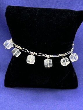 Sterling Silver Link Bracelet w/Crystal Quartz Cube Beads